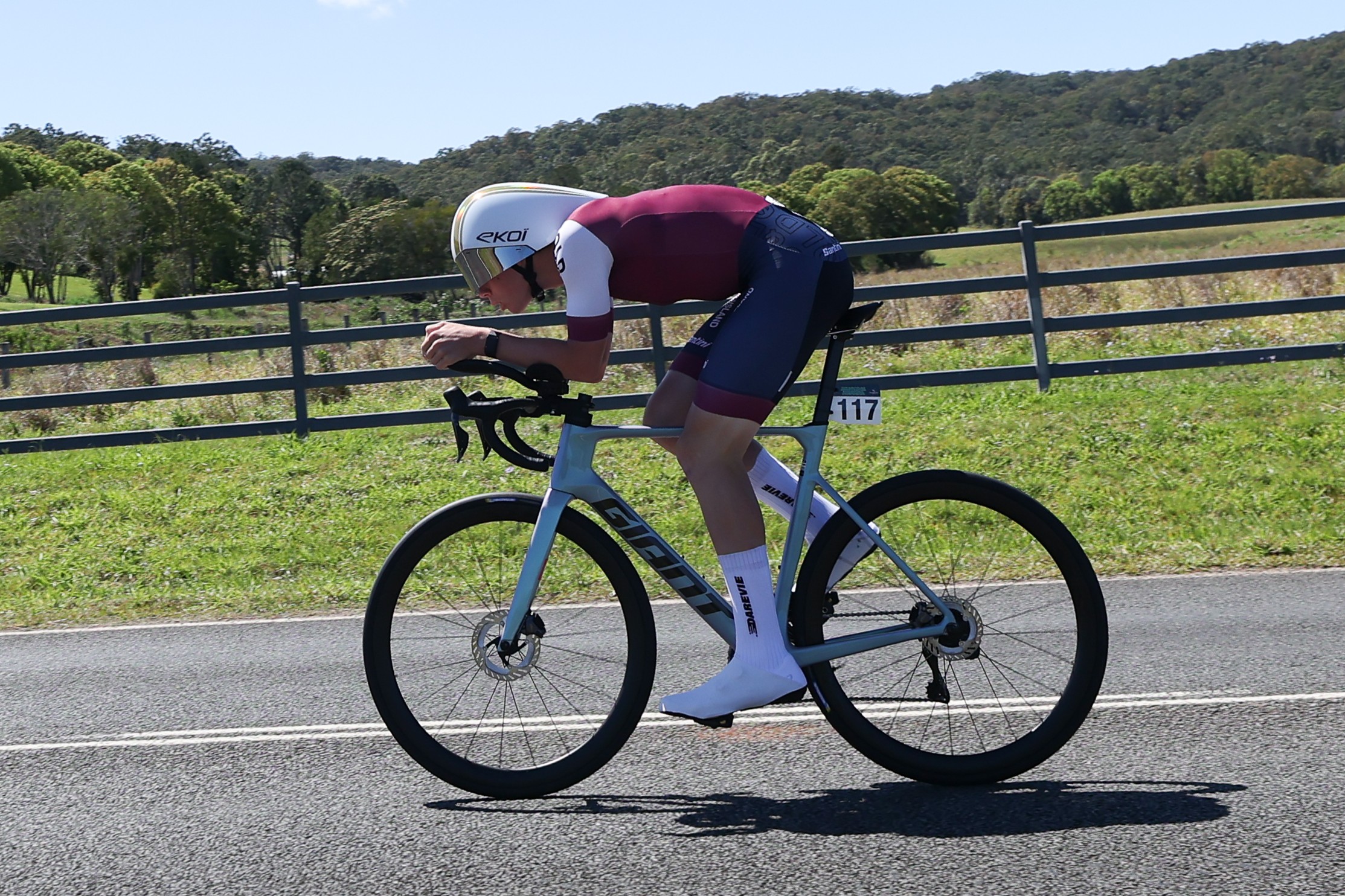 Beau Mullins of Queensland competes in the under-17 men individual time trial at the 2026 AusCycling Junior & Masters Road National Championships on the Sunshine Coast.